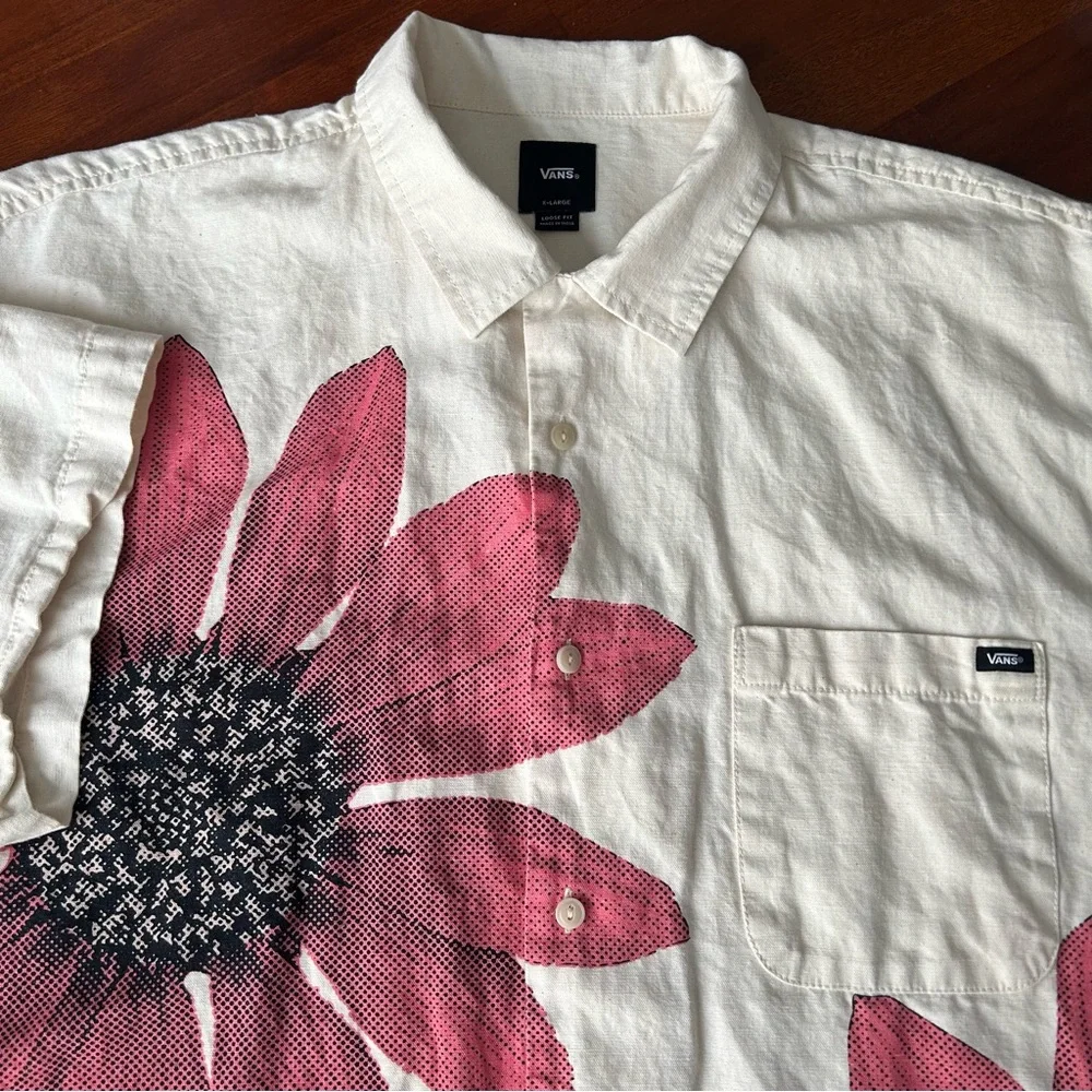 Vans Laurel Woven Cream Pink Floral Short Sleeve Cotton Linen Button Down Shirt - Picture 2 of 10